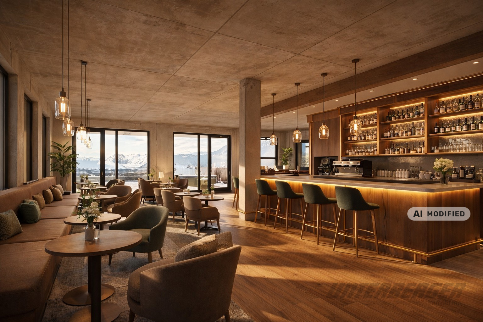 Einrichtungsbeispiel einer Gewerbefläche als Café mit Bar, Sitzplätzen und Bergblick