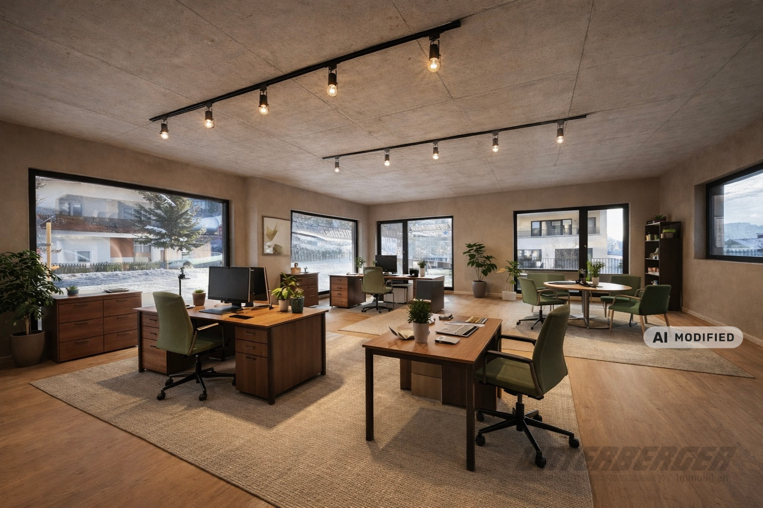 Einrichtungsbeispiel eines offenen Büros mit mehreren Arbeitsplätzen