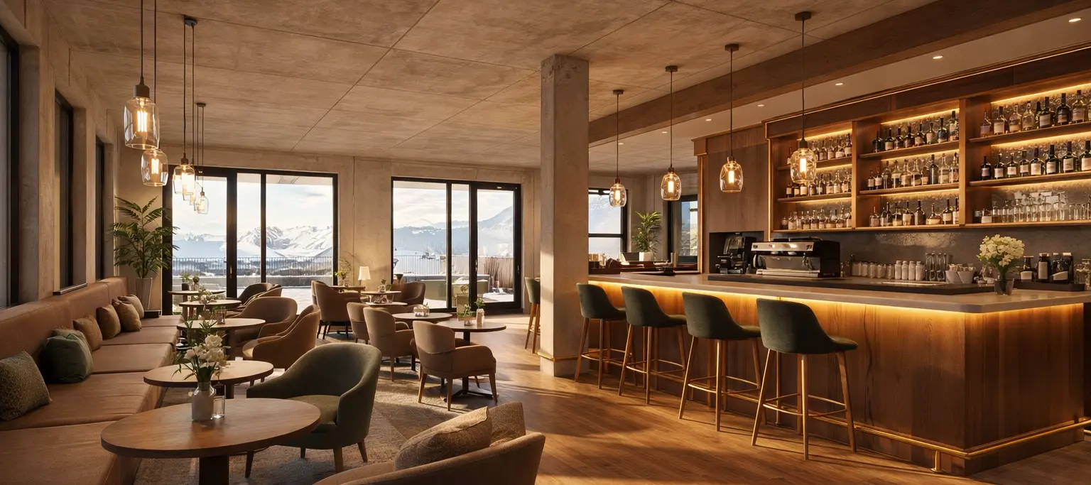 Einrichtungsbeispiel einer Gewerbefläche als Café mit Bar, Sitzplätzen und Bergblick