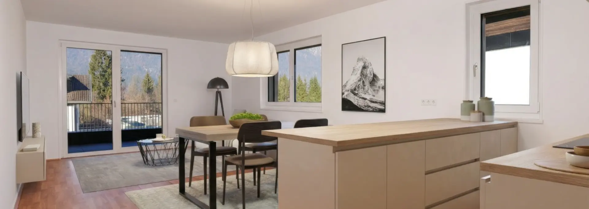 Heller, moderner Wohn-Essbereich mit Kochinsel, Parkett und Balkon mit Bergblick